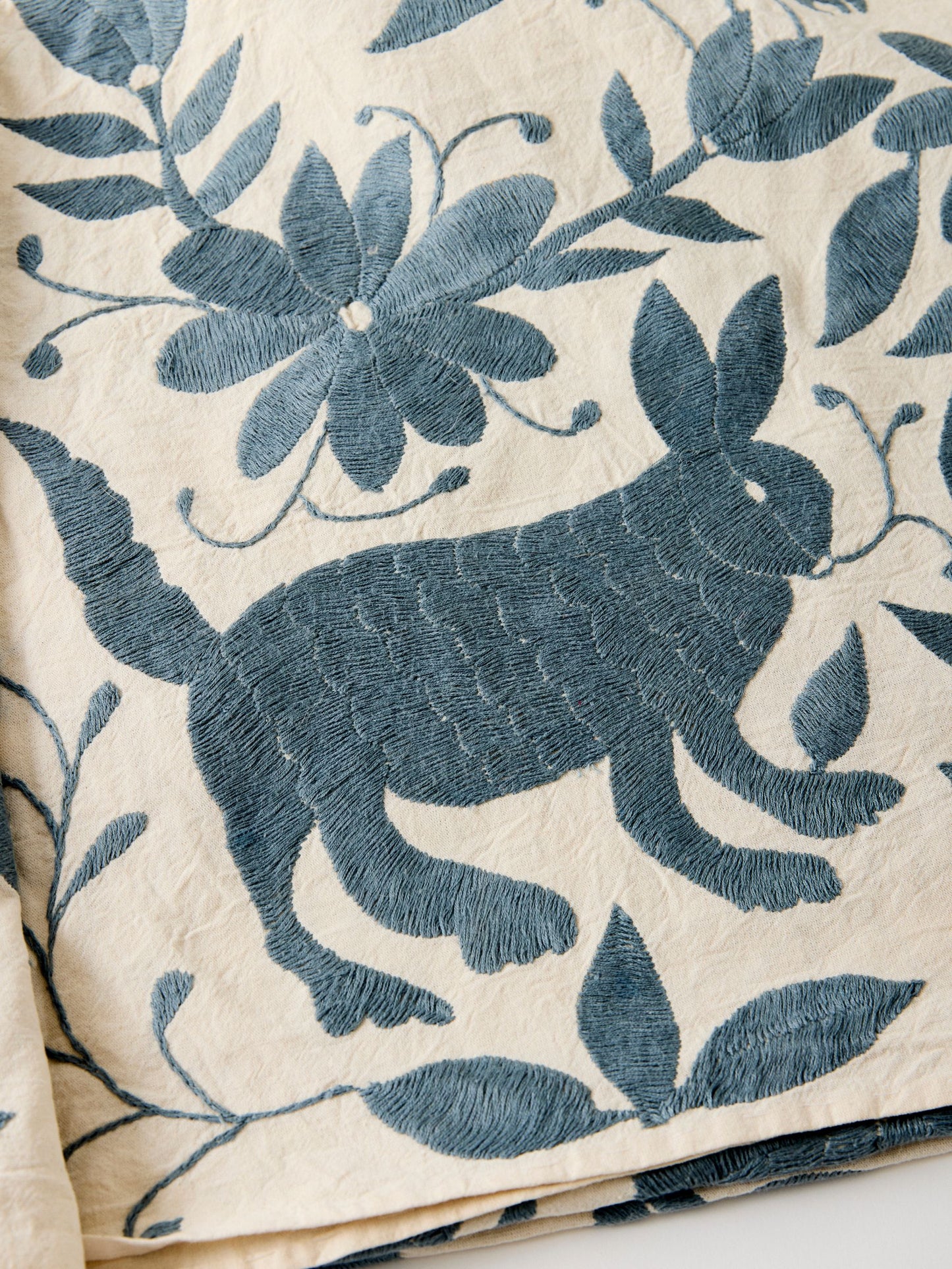 Hand-Embroidered Otomí Tablecloth – Indigo Grey