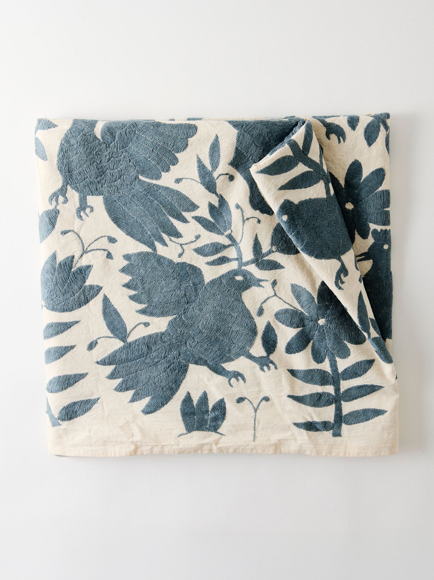 Hand-Embroidered Otomí Tablecloth – Indigo Grey