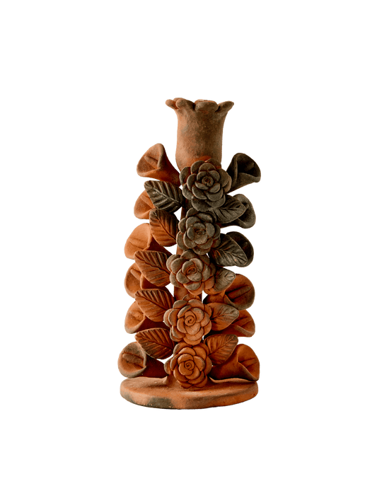 Candelero de Flores con Alcatraces – Hand-Sculpted Barro Rojo Candleholder